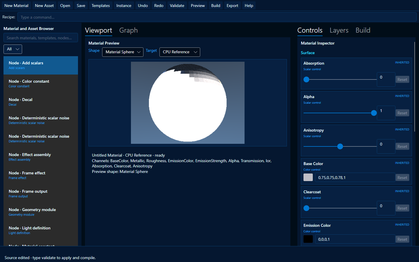 Asset Studio showing a CPU reference sphere, the material inspector, and the node list