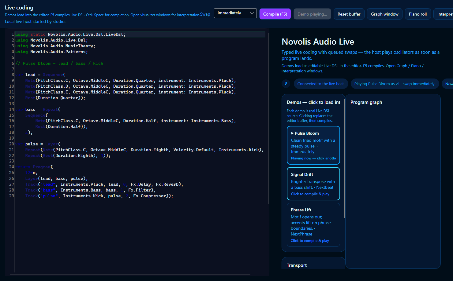 Live Studio with Pulse Bloom in the editor, the host connected, and the demo marked playing