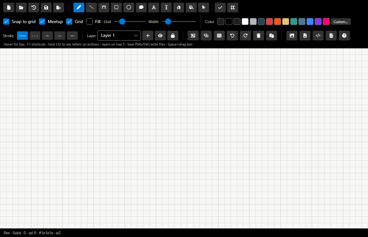 Sketch Studio opened on an empty grid, with the pen selected and Layer 1 in the toolbar