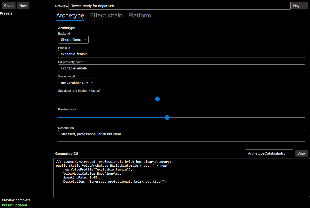 Voice Studio with a departure line, an excitable female profile, and the generated C#